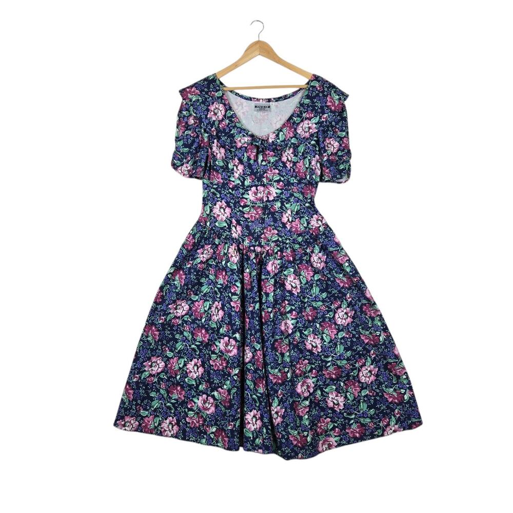 Vintage 90s Joni Blair Floral Midi Dress sz 13 Cotton Cottagecore Prairie